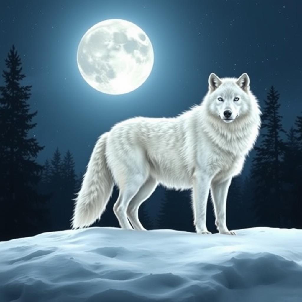 A solitary white wolf standing majestically atop a snow-covered hill under a full moon