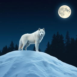 A solitary white wolf standing majestically atop a snow-covered hill under a full moon