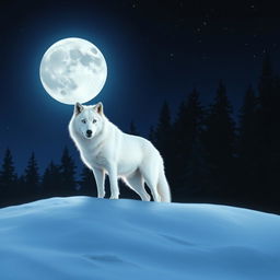 A solitary white wolf standing majestically atop a snow-covered hill under a full moon