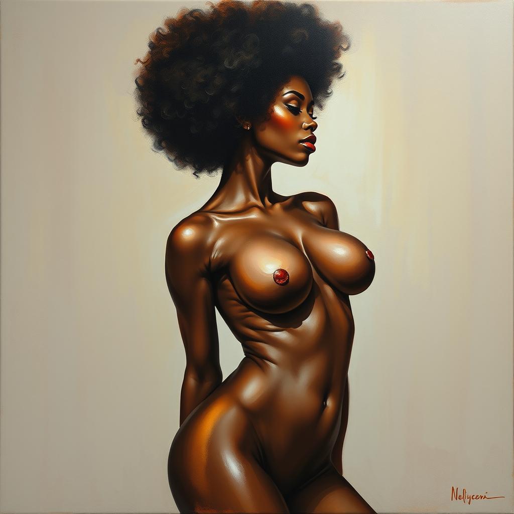 A polished, oil-based painting depicting a full nude body view of a gorgeous black woman with an afro and beautiful breasts in a sensual pose