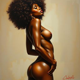 A polished, oil-based painting depicting a full nude body view of a gorgeous black woman with an afro and beautiful breasts in a sensual pose