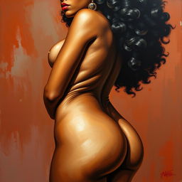 A polished, oil-based painting depicting a full nude body view of a gorgeous black woman with an afro and beautiful breasts in a sensual pose