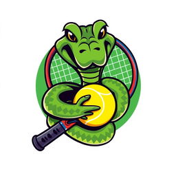 A humorous logo featuring a green viper entwined around a tennis racket with a vibrant tennis ball