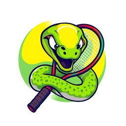 A humorous logo featuring a green viper entwined around a tennis racket with a vibrant tennis ball