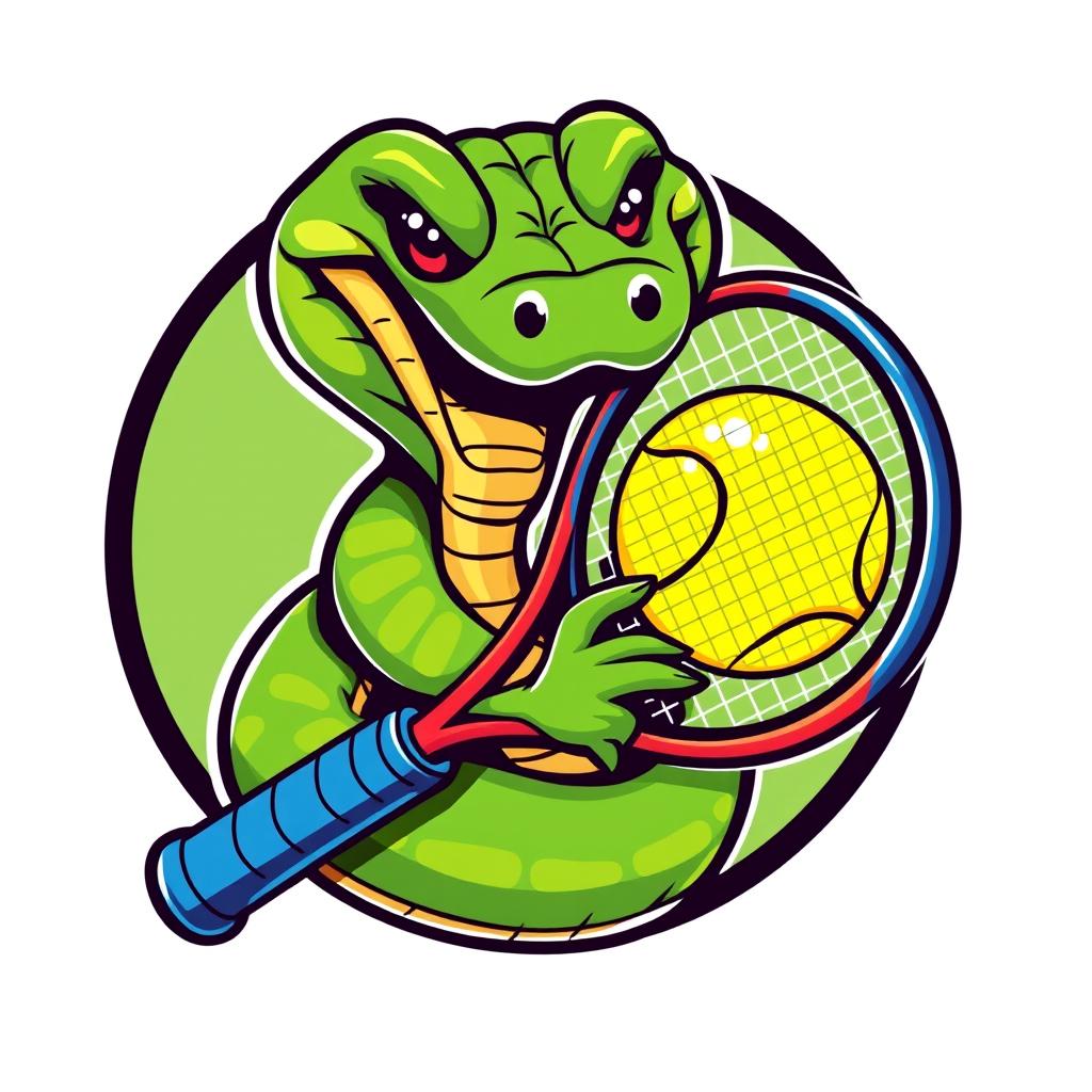 A humorous logo featuring a green viper entwined around a tennis racket with a vibrant tennis ball