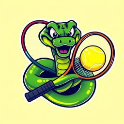 A humorous logo featuring a green viper entwined around a tennis racket with a vibrant tennis ball