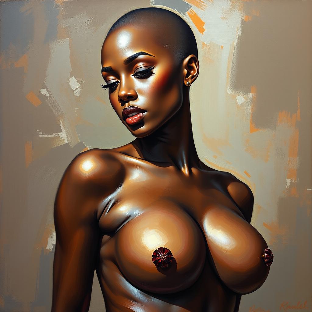 A polished, oil-based painting depicting a full nude body view of a gorgeous black woman with a bald head and beautiful breasts in a sensual pose