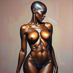 A polished, oil-based painting depicting a full nude body view of a gorgeous black woman with a bald head and beautiful breasts in a sensual pose