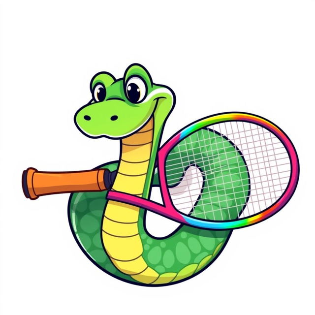 A humorous logo featuring a green viper snake playfully coiled around a tennis racket