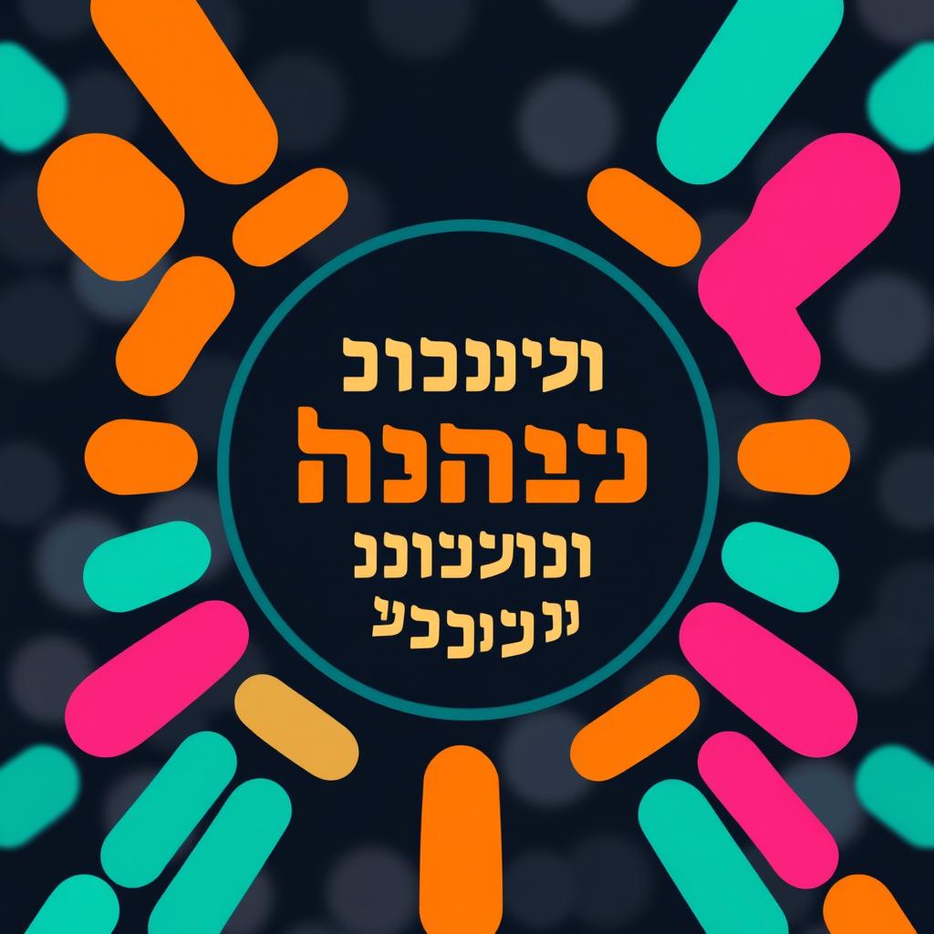 A vibrant and colorful graphic with a circular central design featuring bold Hebrew text