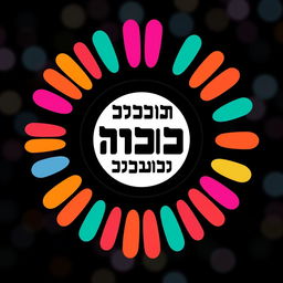 A vibrant and colorful graphic with a circular central design featuring bold Hebrew text