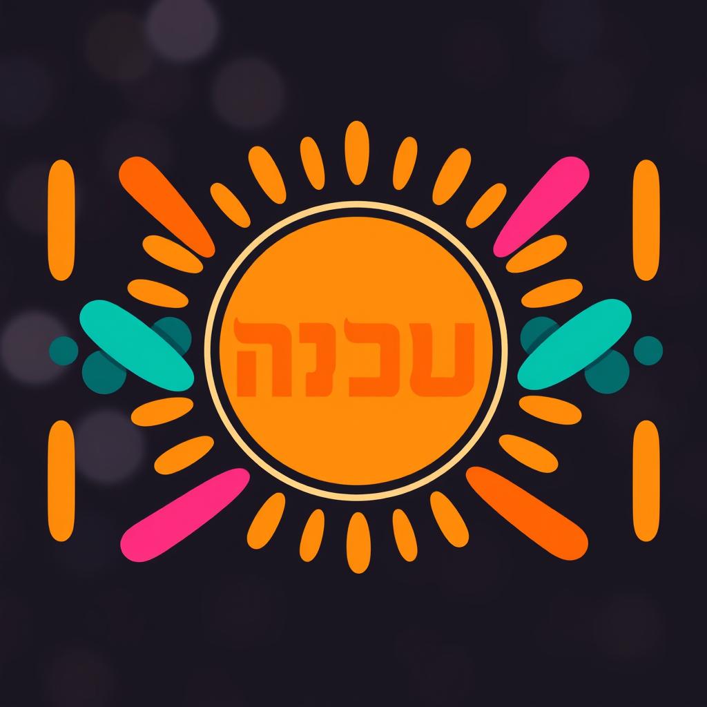 A vibrant and colorful graphic with a circular central design featuring bold Hebrew text