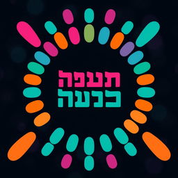 A vibrant and colorful graphic with a circular central design featuring bold Hebrew text