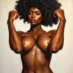 A polished, oil-based painting depicting a full nude body view of a gorgeous black woman with an afro, holding up her beautiful breasts with her arms folded in a sensual pose