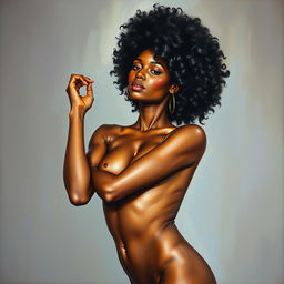 A polished, oil-based painting depicting a full nude body view of a gorgeous black woman with an afro, holding up her beautiful breasts with her arms folded in a sensual pose