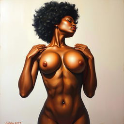 A polished, oil-based painting depicting a full nude body view of a gorgeous black woman with an afro, holding up her beautiful breasts with her arms folded in a sensual pose