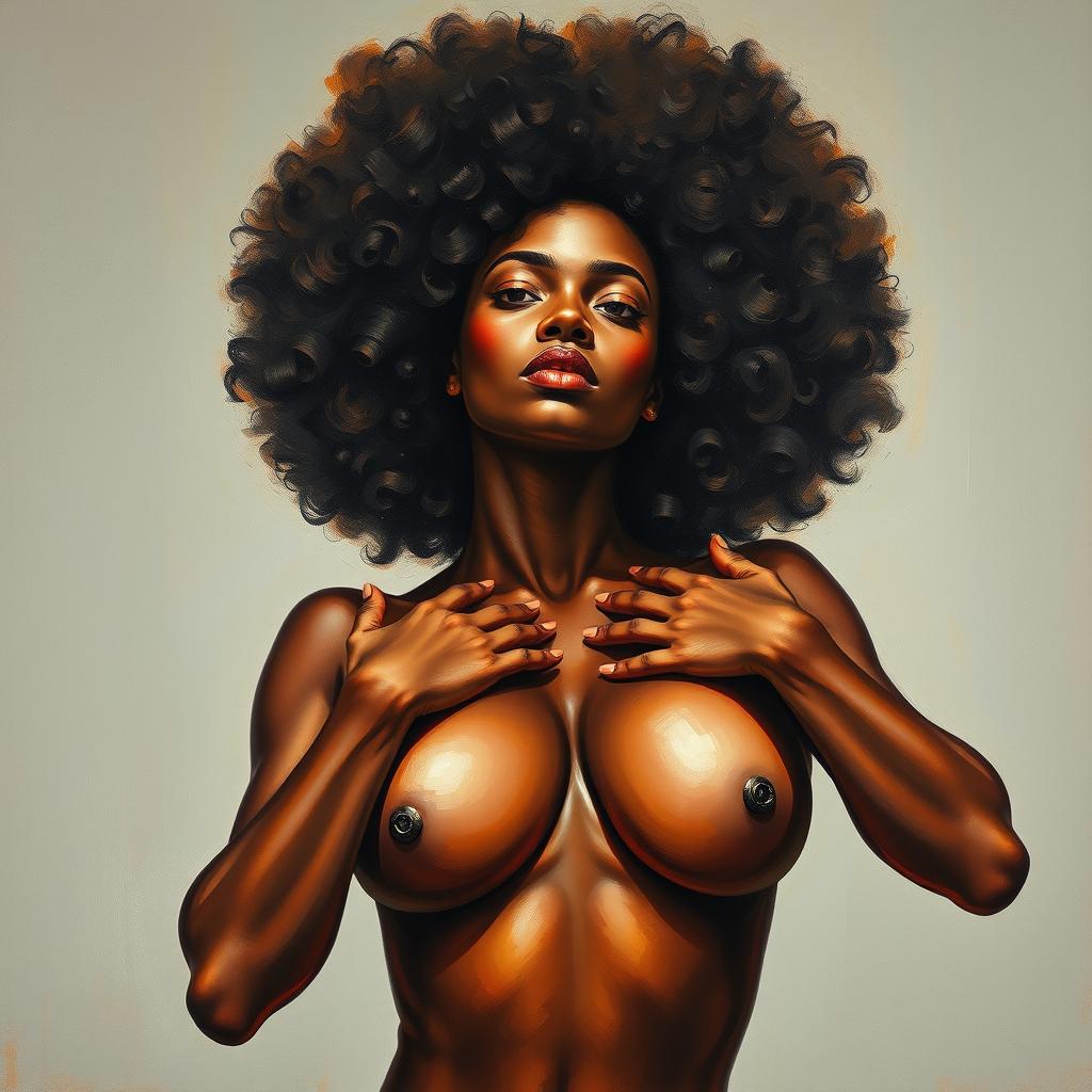 A polished, oil-based painting depicting a full nude body view of a gorgeous black woman with an afro, holding up her beautiful breasts with her arms folded in a sensual pose