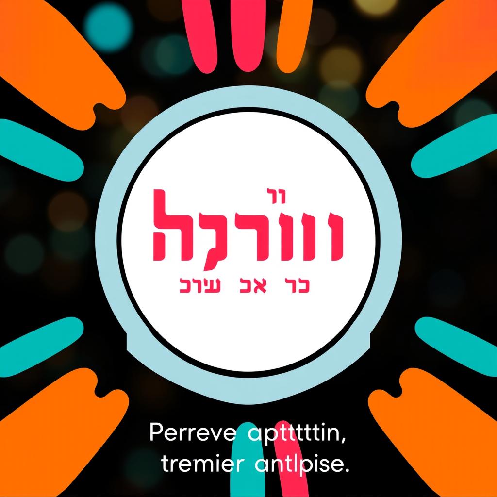 A vibrant, colorful graphic featuring a central circular design with bold Hebrew text