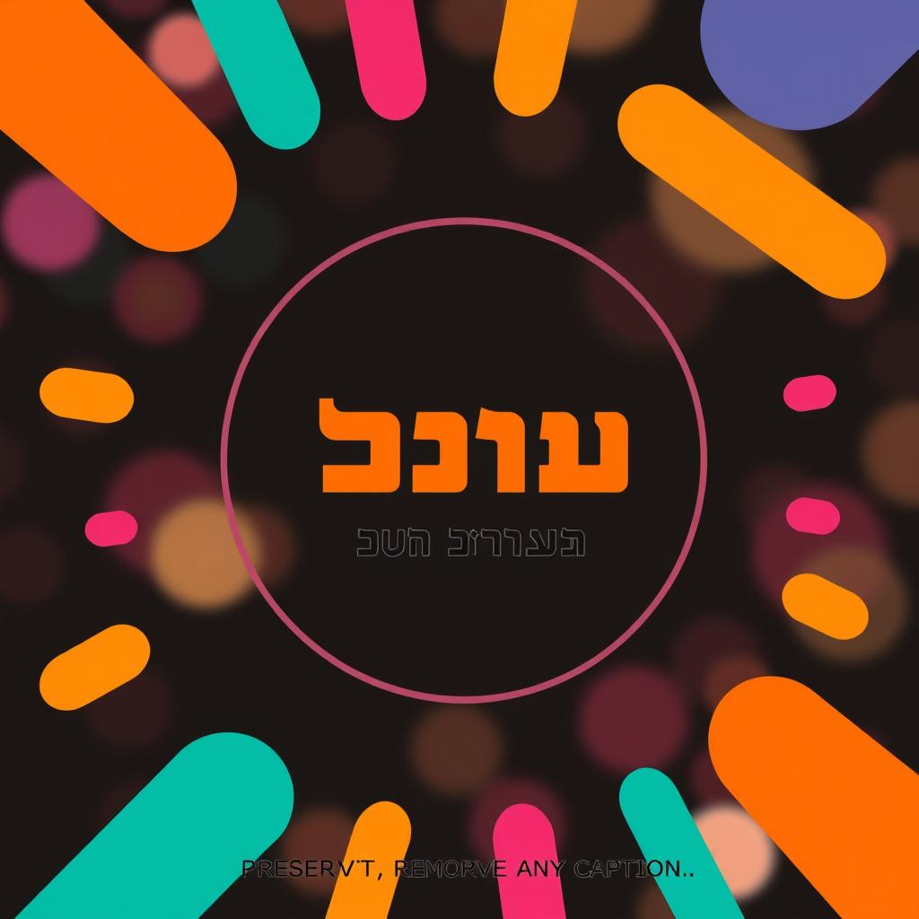 A vibrant, colorful graphic featuring a central circular design with bold Hebrew text