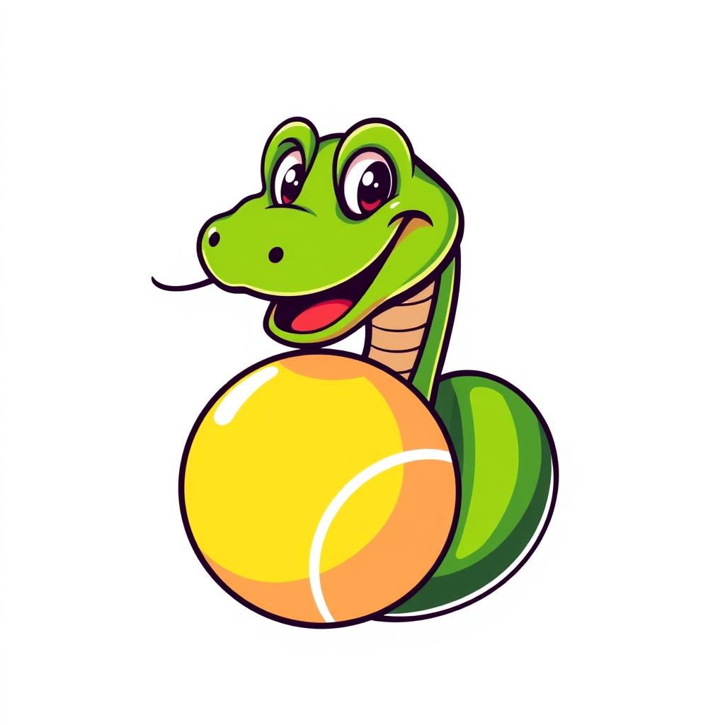 A humorous logo featuring a green viper snake, with a joyful expression, playfully wrapped around a bright tennis ball