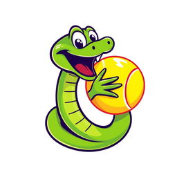 A humorous logo featuring a green viper snake, with a joyful expression, playfully wrapped around a bright tennis ball