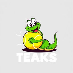 A humorous logo featuring a green viper snake, with a joyful expression, playfully wrapped around a bright tennis ball