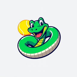 A humorous logo featuring a green viper snake, with a joyful expression, playfully wrapped around a bright tennis ball