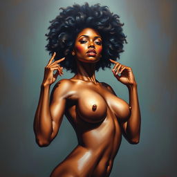 A polished, oil-based painting depicting a full nude body view of a gorgeous black woman with an afro, holding up her beautiful breasts in a sensual pose