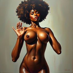 A polished, oil-based painting depicting a full nude body view of a gorgeous black woman with an afro, holding up her beautiful breasts in a sensual pose