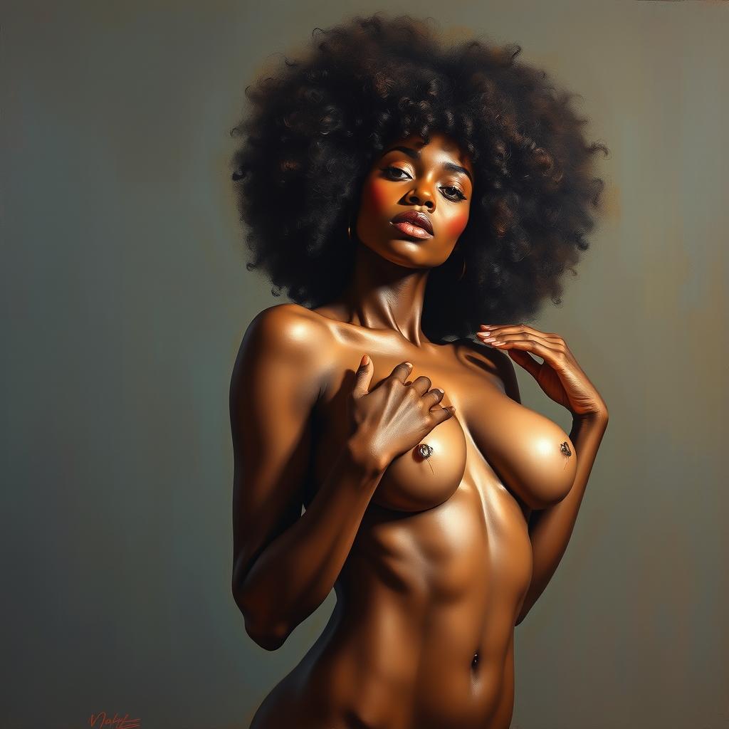 A polished, oil-based painting depicting a full nude body view of a gorgeous black woman with an afro, holding up her beautiful breasts in a sensual pose