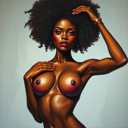 A polished, oil-based painting depicting a full nude body view of a gorgeous black woman with an afro, holding up her beautiful breasts in a sensual pose