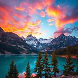 A majestic mountain landscape with a crystal clear blue lake in the foreground