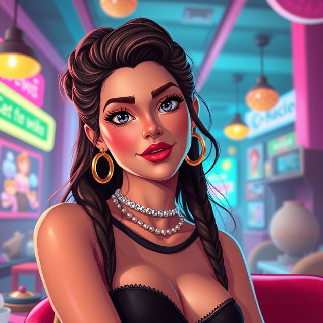 A vibrant and playful portrayal of a young adult woman, not underage, inspired by the stylized look of the game 'Lula: The Sexy Empire', characterized by cartoonish glamour and vivid details