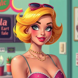 A vibrant and playful portrayal of a young adult woman, not underage, inspired by the stylized look of the game 'Lula: The Sexy Empire', characterized by cartoonish glamour and vivid details