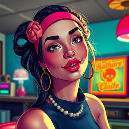 A vibrant and playful portrayal of a young adult woman, not underage, inspired by the stylized look of the game 'Lula: The Sexy Empire', characterized by cartoonish glamour and vivid details