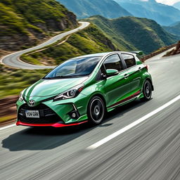 a dynamic and powerful image of a Toyota Yaris GR racing on a mountain road, showcasing the car's sleek design and sporty features