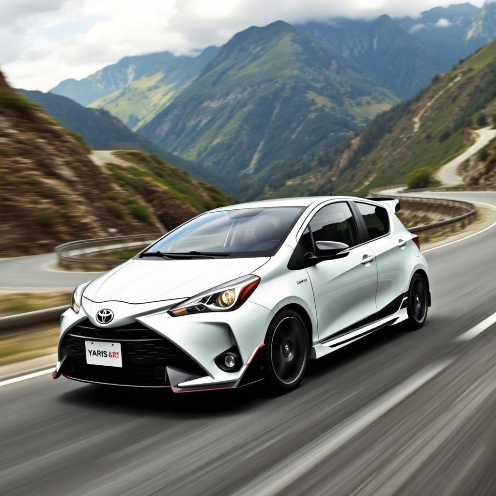 a dynamic and powerful image of a Toyota Yaris GR racing on a mountain road, showcasing the car's sleek design and sporty features