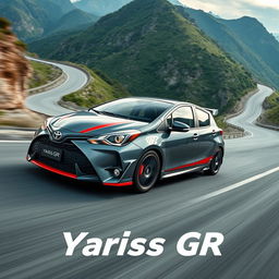 a dynamic and powerful image of a Toyota Yaris GR racing on a mountain road, showcasing the car's sleek design and sporty features