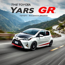 a dynamic and powerful image of a Toyota Yaris GR racing on a mountain road, showcasing the car's sleek design and sporty features