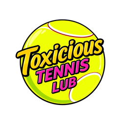 A tennis ball logo featuring the text 'Toxicious Tennis Club' in bold, stylish lettering