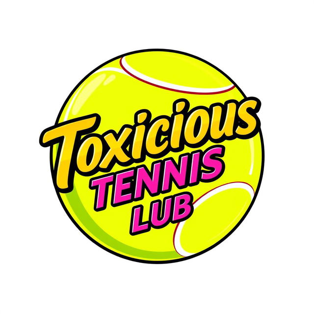 A tennis ball logo featuring the text 'Toxicious Tennis Club' in bold, stylish lettering