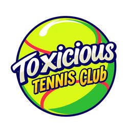 A tennis ball logo featuring the text 'Toxicious Tennis Club' in bold, stylish lettering