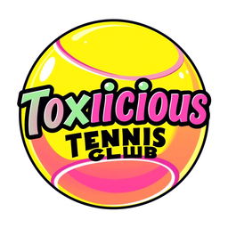 A tennis ball logo featuring the text 'Toxicious Tennis Club' in bold, stylish lettering