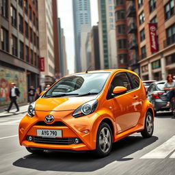 a vibrant and lively image of a Toyota Aygo in an urban setting, highlighting the car's compact and trendy design