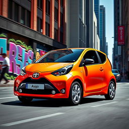 a vibrant and lively image of a Toyota Aygo in an urban setting, highlighting the car's compact and trendy design