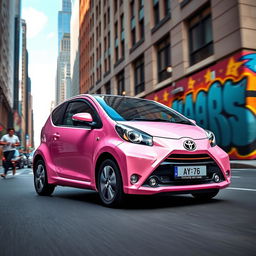 a vibrant and lively image of a Toyota Aygo in an urban setting, highlighting the car's compact and trendy design