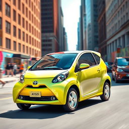 a vibrant and lively image of a Toyota Aygo in an urban setting, highlighting the car's compact and trendy design