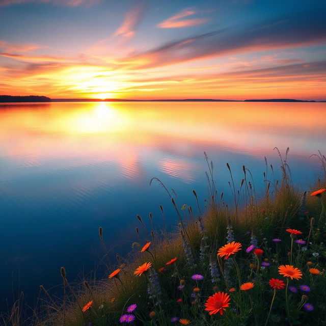 A serene sunset over a tranquil lake, with colorful reflections of the sky in the water