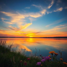 A serene sunset over a tranquil lake, with colorful reflections of the sky in the water