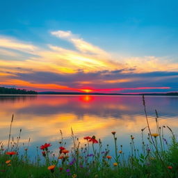 A serene sunset over a tranquil lake, with colorful reflections of the sky in the water